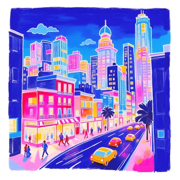 A vibrant cityscape at night features tall skyscrapers with their windows glowing in various colors. The buildings are outlined with bright lights, creating a striking silhouette against the dark sky. Streets below are bustling with activity, showcasing cars with headlights on and pedestrians walking. Neon signs can be seen on storefronts, adding to the lively atmosphere. The sky is deep blue, dotted with a few clouds.