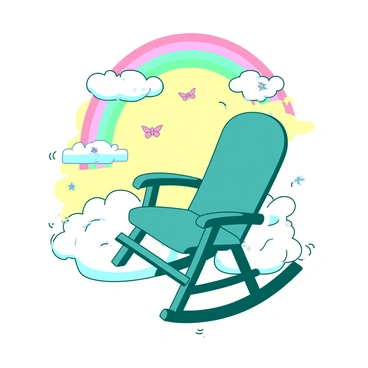 A teal rocking chair with a smooth finish gently rocks back and forth. The chair is surrounded by floating, fluffy white clouds that seem to cradle it. In the background, there is a soft yellow glow that illuminates the scene, creating an ethereal ambiance. Small, colorful butterflies flutter around the chair, adding a touch of whimsy to the atmosphere. A delicate rainbow arches gracefully above the rocking chair, completing the dreamlike setting.