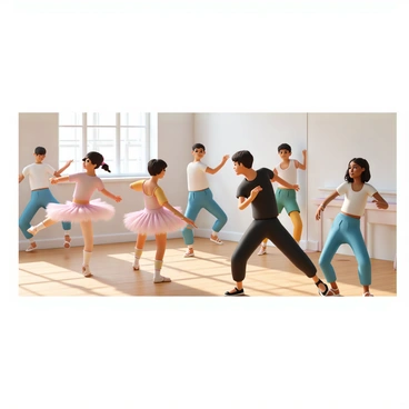 A vibrant dance class with students learning different dance styles in a studio.