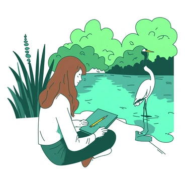 An artist with long brown hair is sitting cross-legged on a riverbank, intently sketching a crane. The artist is wearing a white shirt and has a teal sketchbook on their lap, with a yellow pencil in hand. In front of the artist, the river gently flows, reflecting the surrounding greenery. The crane stands gracefully in the water, its white feathers contrasting with the lush greenery of the landscape. There are tall reeds on either side of the riverbank, swaying lightly in the breeze. The scene captures a moment of creativity and connection with nature.