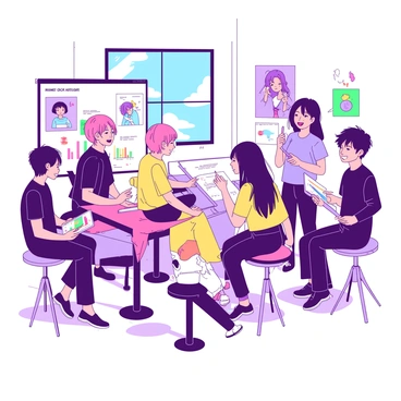 A group of anime artists, each with unique hairstyles and colorful attire, are gathered around a large, flat-screen display showing animated illustrations. The artists are seated on modern stools, engaged in an animated discussion, and some are holding sketch pads and digital tablets. Nearby, AI developers dressed in casual tech wear are presenting graphs and data on creative technologies. The atmosphere is lively, with a backdrop of vibrant posters showcasing various anime styles on the walls. A large window in the background lets in natural light, illuminating the scene.