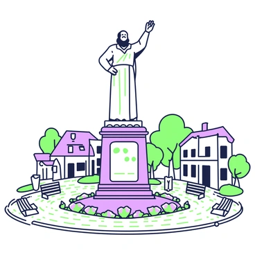 A grand statue of a proud figure towering over a tiny town square