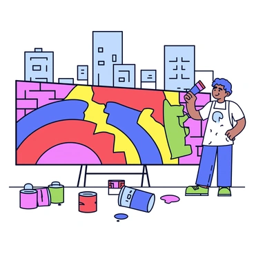 An artist is standing in front of a large brick wall, actively painting a vibrant mural. The mural features bright colors including red, blue, yellow, and green, forming abstract shapes and patterns. The artist is holding a paintbrush and is wearing a paint-splattered apron. There are several paint cans scattered on the ground, some open with paint spilling out. In the background, there are tall buildings, and the scene is set during the day with clear skies.