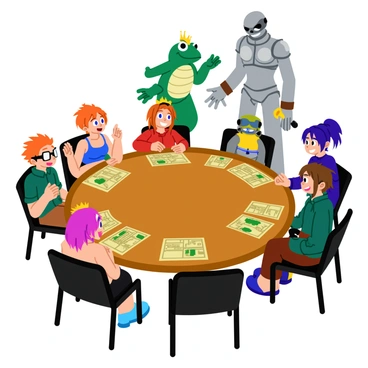 The main characters from "Chrono Trigger" are gathered around a large, round wooden table. Each character displays their unique features and outfits: Crono with his spiky orange hair and green tunic; Marle wearing her blue dress and wearing a crown; Lucca has her goggles on and wears a red outfit. Robo stands tall, shiny, and metallic, while Frog is present with his green skin and sword. The scene portrays a lively discussion, with animated expressions on their faces and gestures as they brainstorm their next adventure. Various maps and items are scattered across the table, indicating their planning. The room is cozy, filled with warm light and rich, earthy tones.