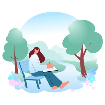 An artist is seated on a bench in a park, sketching with a pencil on a pad of paper. The artist has long hair and is wearing a light sweater. Surrounding the artist are various types of trees, their leaves a mix of green shades. The sky above is clear and blue, creating a bright atmosphere. A few scattered wildflowers are visible on the ground around the bench, adding pops of color to the scene. In the background, a winding pathway leads further into the park.