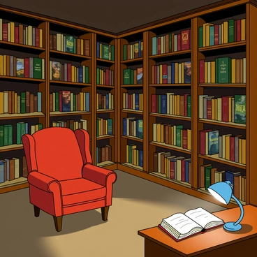 A cozy library section filled with tall wooden shelves lined with numerous books. The area is dimly lit, creating a sense of mystery. Shadows dance on the floor and walls, adding depth to the space. Several intriguing book covers are visible, featuring titles in ornate lettering and illustrations of fantastical landscapes and characters. A comfortable armchair is placed in the corner, inviting readers to sit and explore the mysteries within the pages. A small reading lamp on a nearby table emits a soft glow, casting light over an open book lying face down.