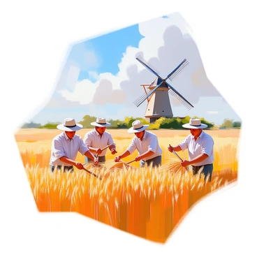 A group of farmers, wearing wide-brimmed hats and light-colored clothing, is gathering golden wheat in an expansive field. The wheat sways gently in the breeze as the farmers use sickles to harvest the grain. In the background, a traditional windmill stands tall against a clear blue sky, its blades slowly turning. The sunlight bathes the scene in a warm glow, emphasizing the richness of the golden wheat and creating a sense of harmony in the rural landscape.