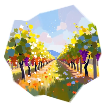 A vineyard scene featuring lush grapevines with softly glowing leaves and branches. The vines are densely intertwined, with clusters of ripe grapes hanging from them. Above, a starlit sky is filled with twinkling stars, casting a gentle light over the landscape. The ground is covered with rich green grass interspersed with small wildflowers, adding to the vibrant atmosphere of the vineyard. The overall composition creates a sense of tranquility and beauty.