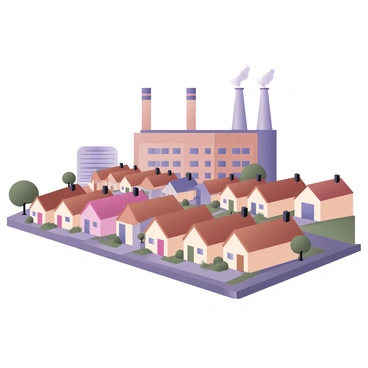 A digital flat illustration of a quaint factory town with a clear sky. In the foreground, there are multiple rows of worker cottages, each with distinct features such as colorful doors and garden patches. The cottages have slanted roofs, with some displaying smoke rising from their chimneys. In the background, a large, industrial factory is visible, with tall smokestacks emitting puffs of smoke into the sky. The factory is characterized by brick walls and large windows. Surrounding the cottages, there are small trees and patches of grass, adding to the community atmosphere.