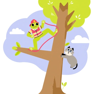 A brave green frog wearing a red firefighter helmet and a matching jacket is climbing a tall brown tree. The frog is positioned on a thick branch, looking determined. Below, a small fluffy gray kitten with big blue eyes is perched on a lower branch, looking scared. The background features a bright blue sky with a few fluffy white clouds, and the scene is filled with vibrant green leaves surrounding the tree. The frog is extending a small red fire hose towards the kitten as if to help it come down safely.