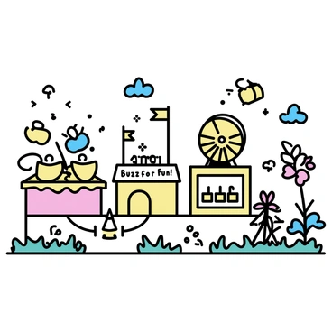 A whimsical carnival designed for bees, featuring miniature rides such as a spinning teacup ride and a tiny Ferris wheel. There are small game booths where bees can win tiny prizes, with colorful signage that reads "Buzz for Fun!" and "Honey Games." The setting includes tiny food stalls offering nectar and pollen treats. Each ride and game is adorned with vibrant colors to attract the bees, creating a lively atmosphere filled with buzzing activity. The overall scene is set outdoors under a clear sky, surrounded by flowers and greenery.
