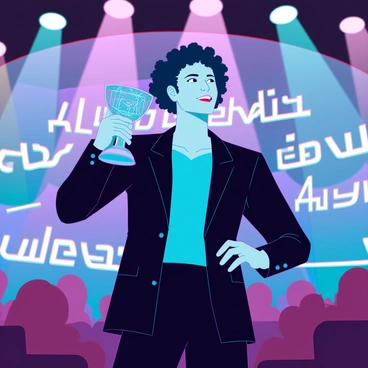 An artist with medium skin and curly hair stands proudly on stage at an awards ceremony. They are wearing a tailored black suit with a vibrant blue shirt underneath. In one hand, they are holding a gleaming trophy, which features an intricate design. The background is filled with colorful spotlights illuminating the stage and a captivated audience. On the wall behind the artist, there are banners displaying the words "Outstanding Illustrations". The artist has a look of joy and accomplishment as they gaze out at the crowd.