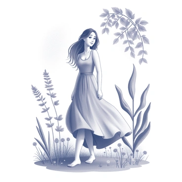 A woman stands in a natural setting, wearing a flowing bohemian dress that billows gently in the breeze. Her long, loose hair cascades down her shoulders, and she has a calm expression on her face. Around her, there are various plants and trees, their leaves creating a soft backdrop. The ground is covered with grass and scattered wildflowers, enhancing the organic feel of the scene. The sunlight filters through the branches above, casting dappled shadows on her dress and the ground.