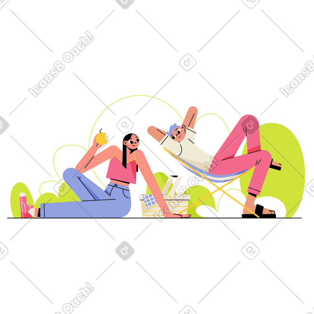 Ilustração de Friends resting with food outdoors, Summer picnic leisure em no estilo Juicy para baixar em PNG, SVG