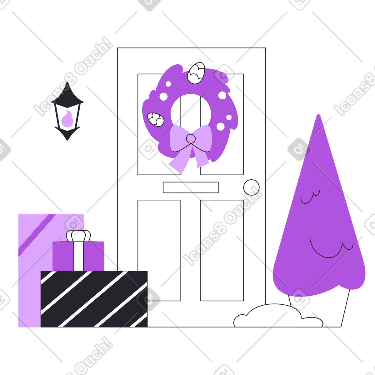 Entrance with Christmas tree and presents, doorstep decoration-Illustration im Grapy-Stil als Download in PNG, SVG