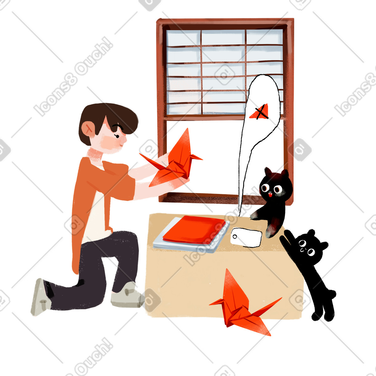下载 Ikigai 风格的 封锁期间男孩折纸鸟 插画，支持 PNG、SVG 格式