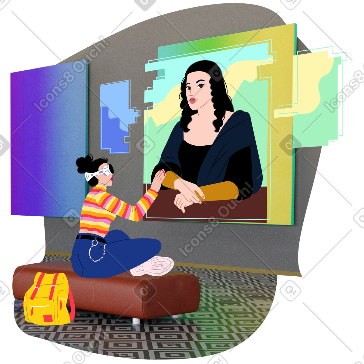 Young woman in vr-glasses looking at paintings the gallery-Illustration im Everyday-Stil als Download PNG, SVG