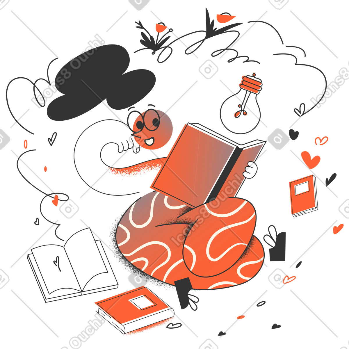 Studying books and getting ideas illustration in Crayon style download in PNG, SVG