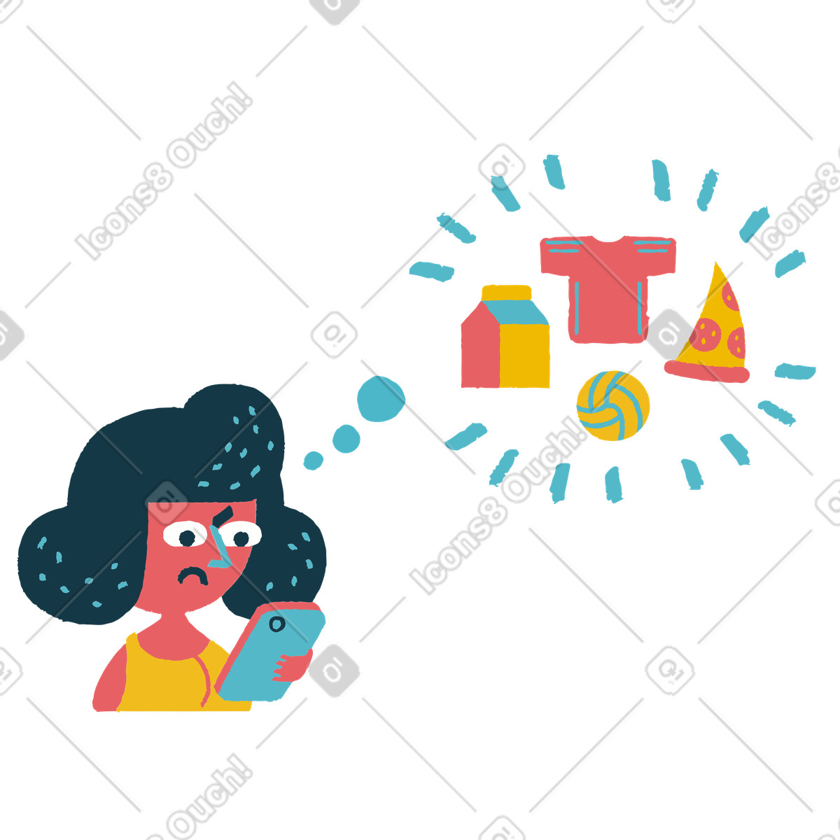 Frau grübelt auf ihrem handy über online-einkäufe-Illustration im Flamenco-Stil als Download in PNG, SVG