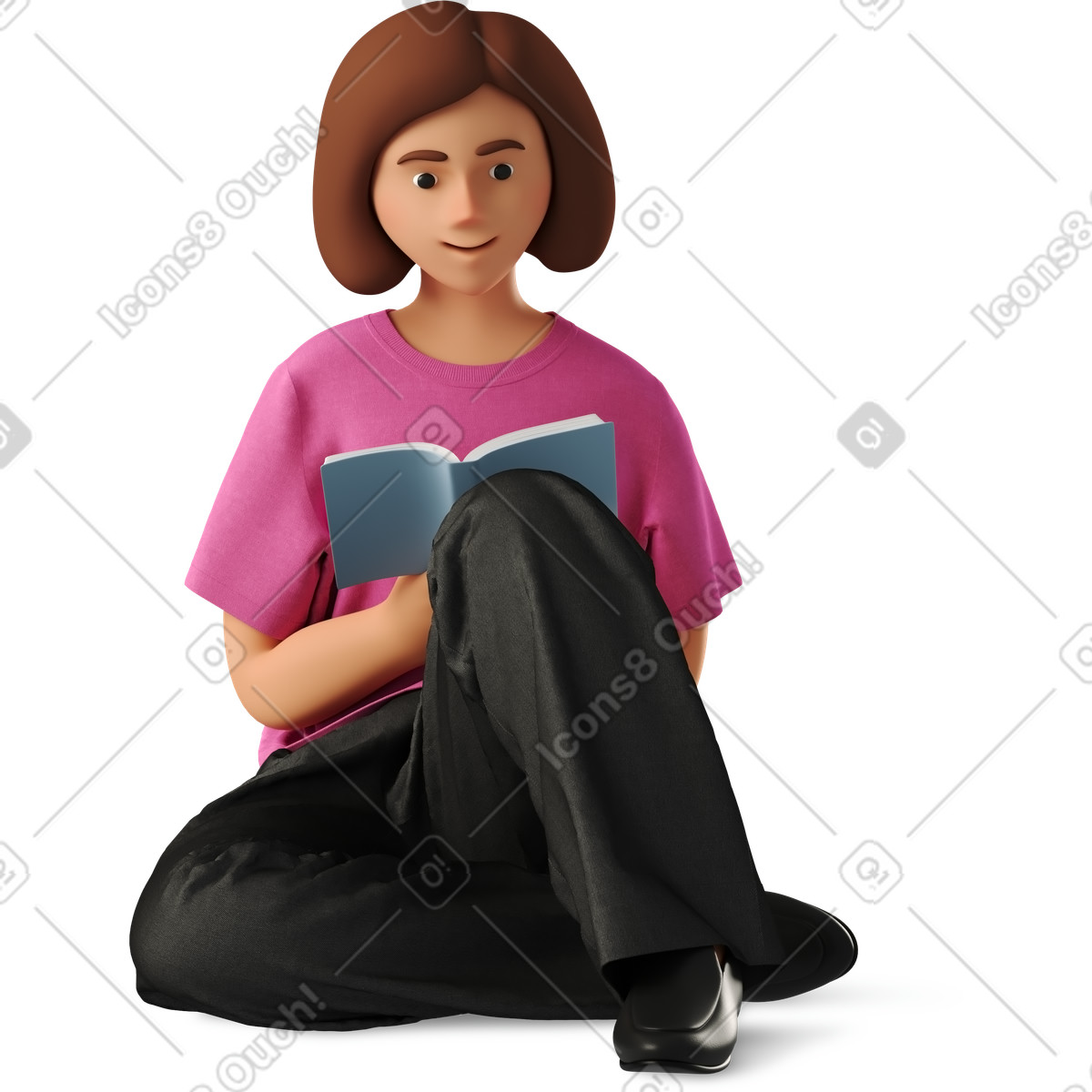 Young woman in casual clothing reading book illustration 3D Business style download PNG, SVG