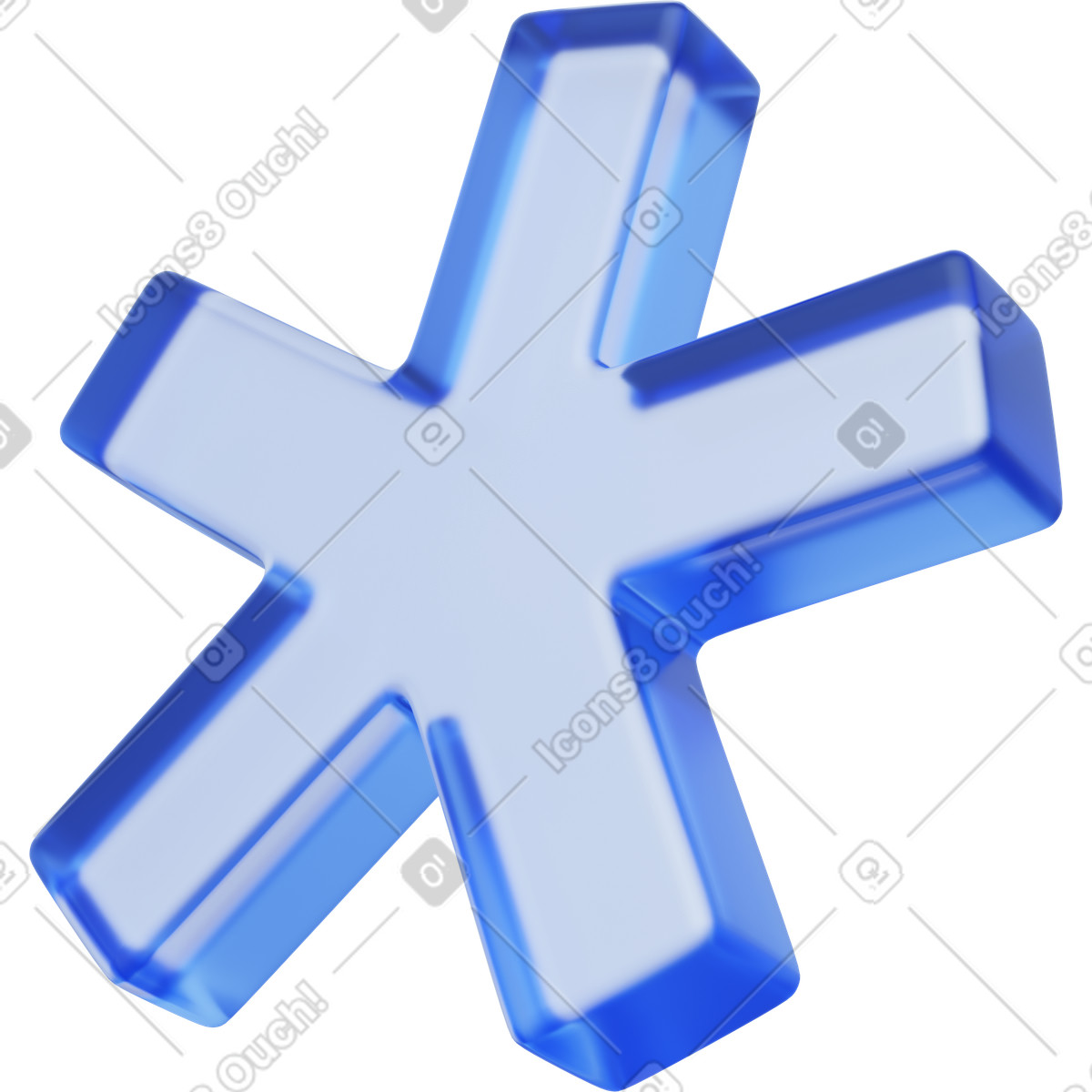 Illustration Astérisque en verre bleu, symbole géométrique translucide, signe mathématique dans le style 3D Playful à télécharger aux formats PNG, SVG