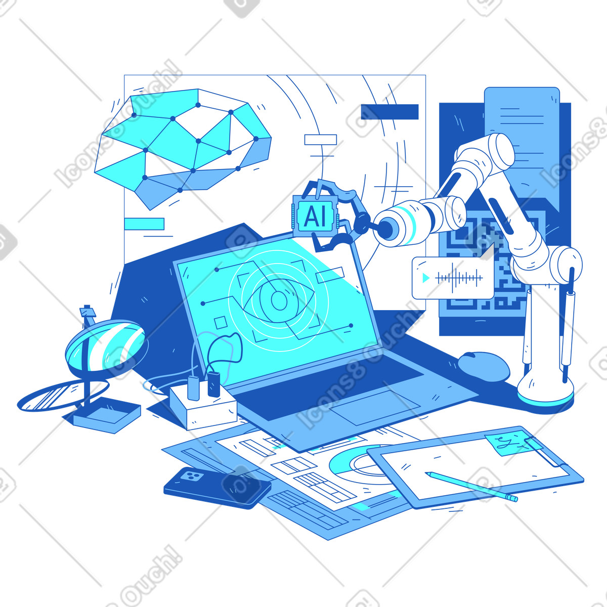Artificial intelligence and robotics engineering illustration in Storyline style download in PNG, SVG