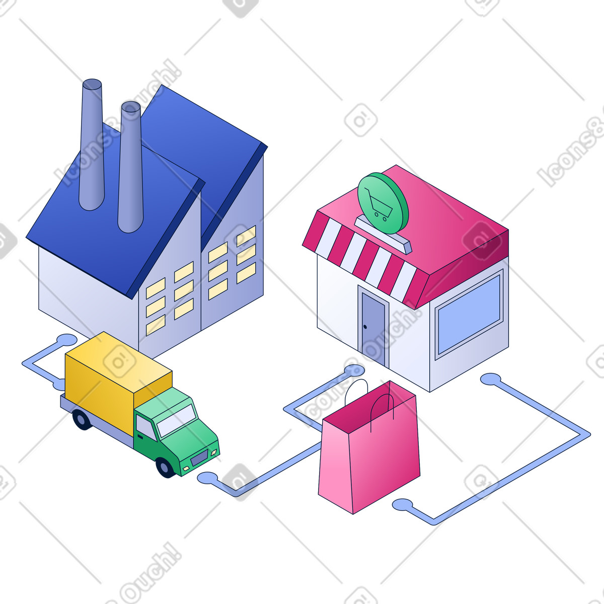 Ilustración Fábrica con camión de reparto y tienda, flujo trabajo logístico la cadena suministro en estilo Neat a descargar en PNG SVG