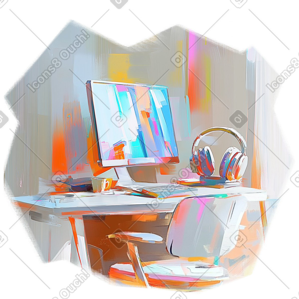 Oil painting of desktop computer and headphones illustration in Pictorial style download in PNG, SVG
