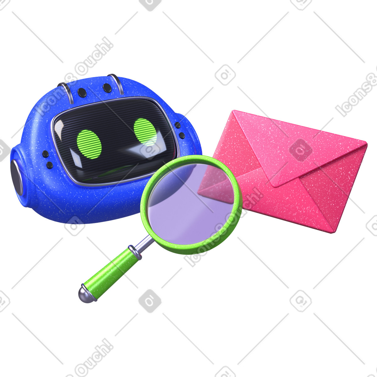Bot ai che ispeziona la posta con una lente d'ingrandimento, sicurezza della elettronica e rilevamento dello spam illustrazione in stile 3D Boost scarica in PNG, SVG