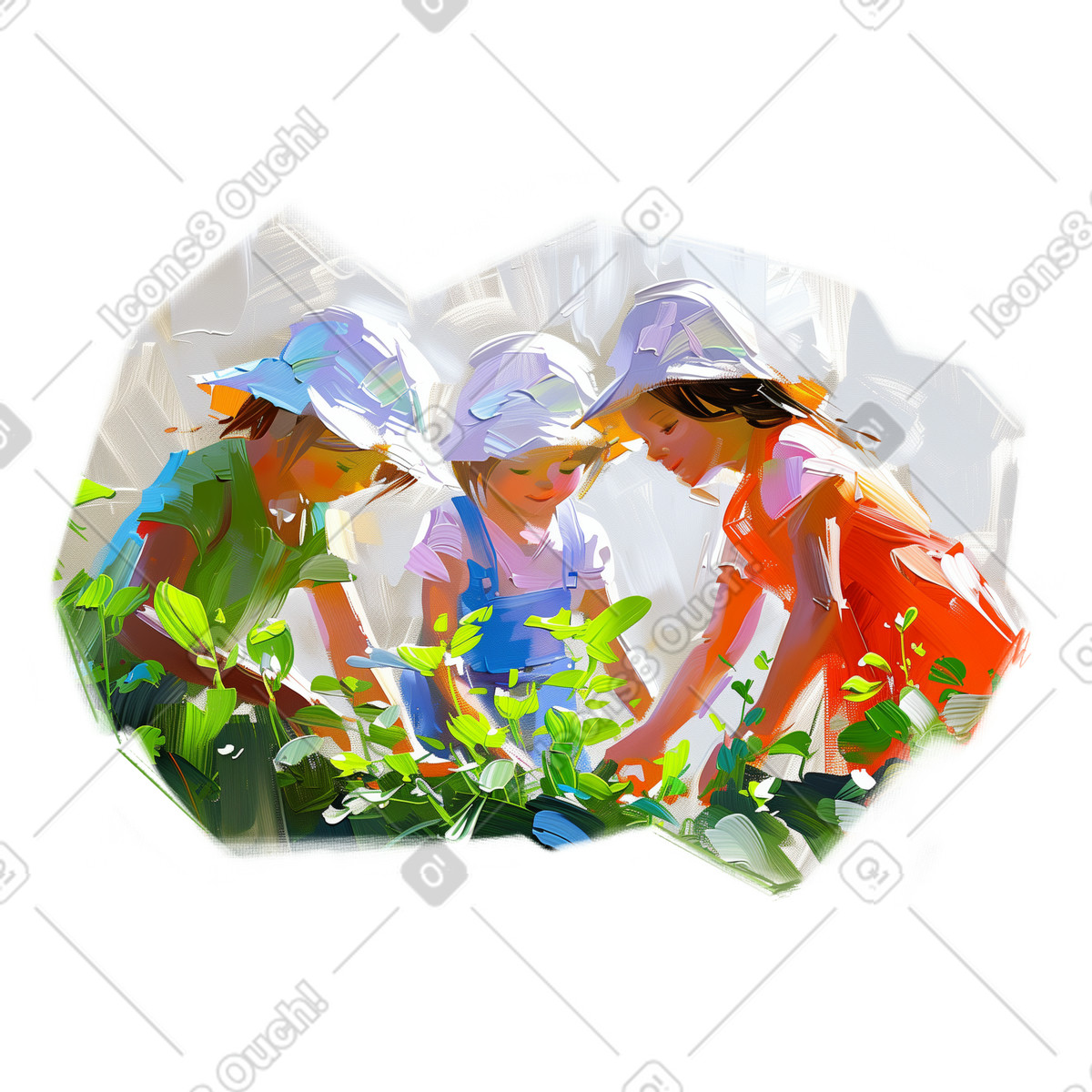 정원 가꾸기를 즐기는 아이들의 유화 illustration in Pictorial style download in PNG, SVG