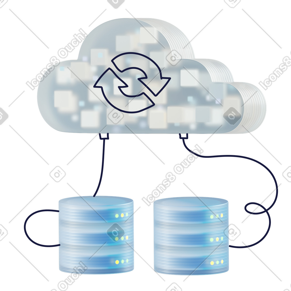 Ilustração de Nuvem com bancos dados sincronizados, backup e armazenamento em no estilo 3D Surfaced para baixar em PNG, SVG