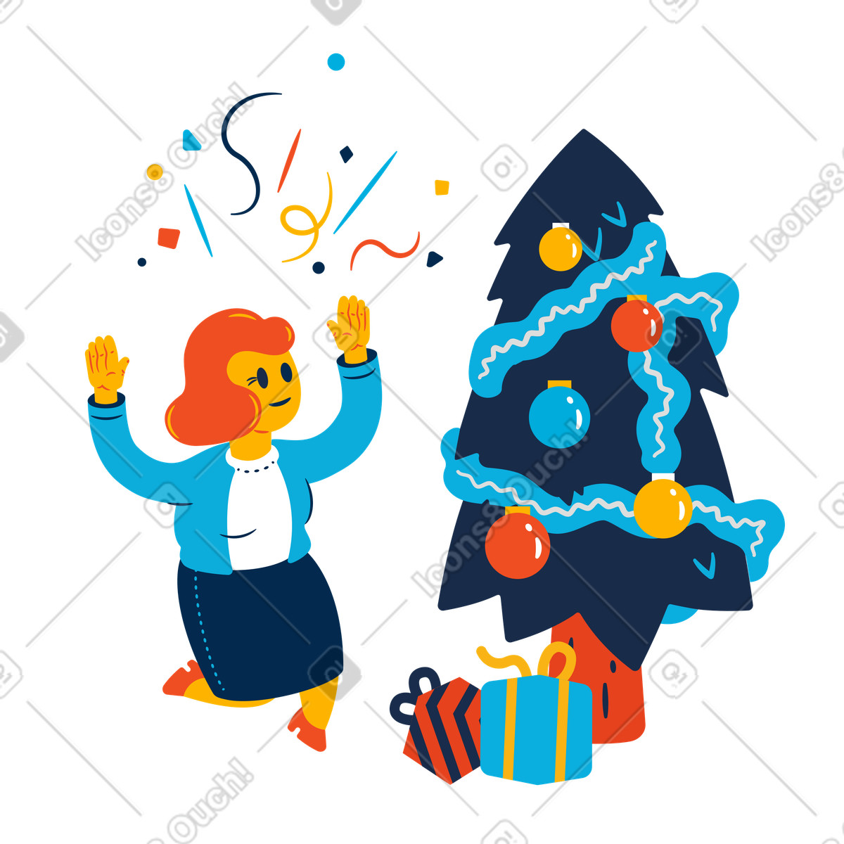 Woman celebrating christmas near the christmas tree illustration in Flame style download in PNG, SVG