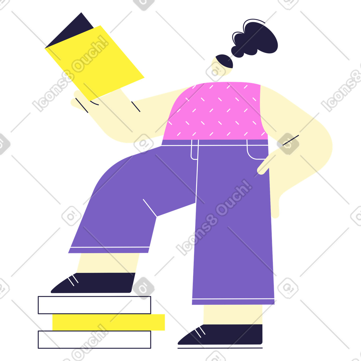 Иллюстрация Женщина стоит на стопке книг и читает в PNG и SVG