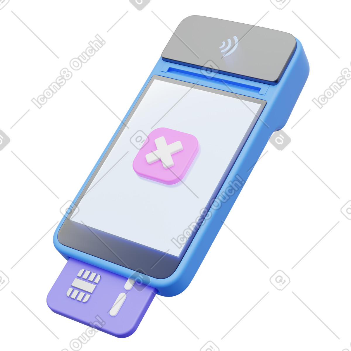 Card reader decline, Handheld terminal with chip and pink cross, Payment error warning illustration in 3D Playful style download in PNG, SVG
