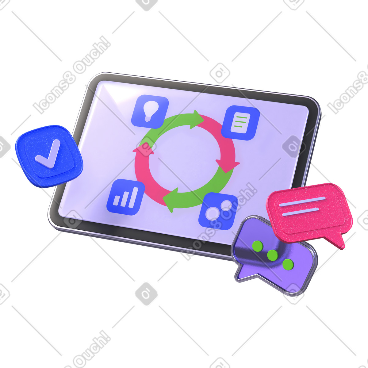 Tablet displaying scrum sprint, Project management and workflow optimization illustration in 3D Boost style download in PNG, SVG