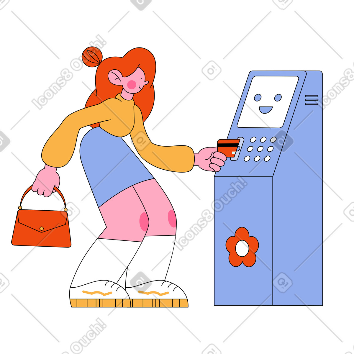 Woman puts card in ATM machine illustration Bloom style download PNG, SVG