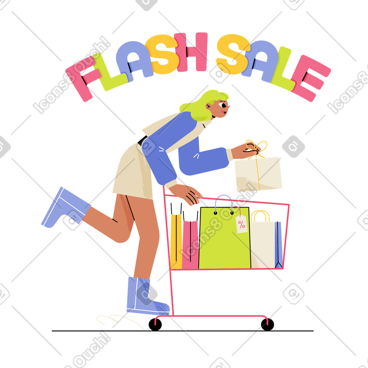 Ilustración Venta flash de letras con una mujer que está compras en estilo Juicy a descargar en PNG y SVG