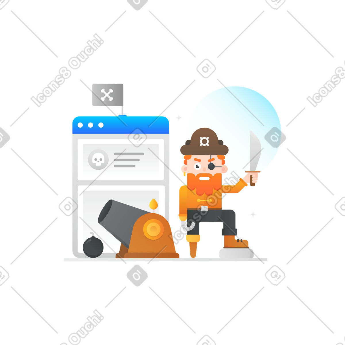 Angry pirate with cannon in front of error webpage, Web piracy or bad gateway error illustration in Hugo style download in PNG, SVG