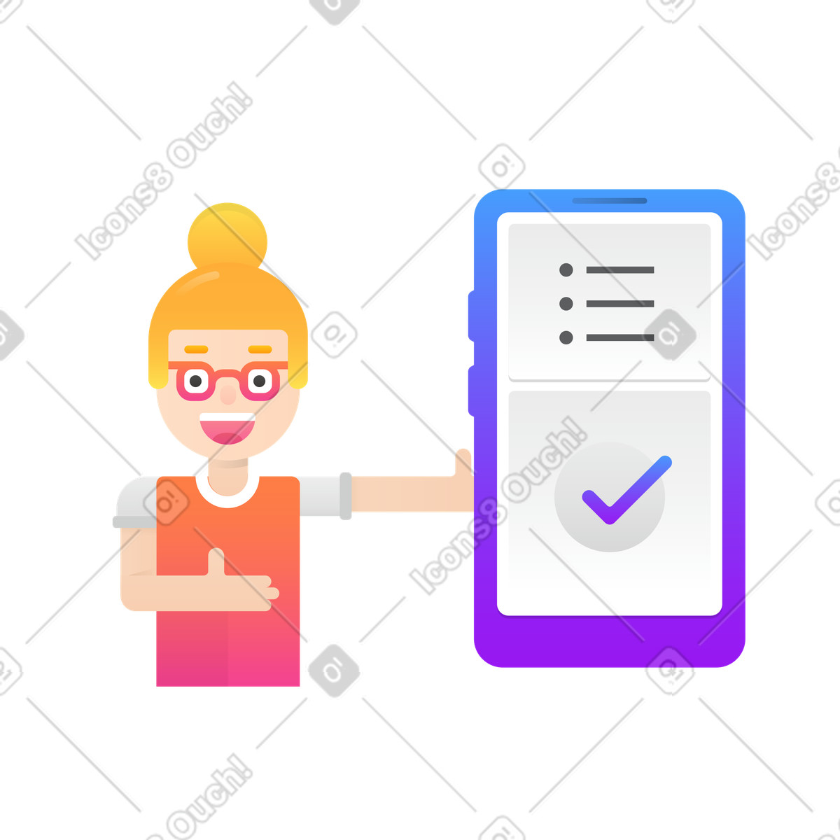 Woman showing a checkmark on phone screen illustration in Hugo style download in PNG, SVG