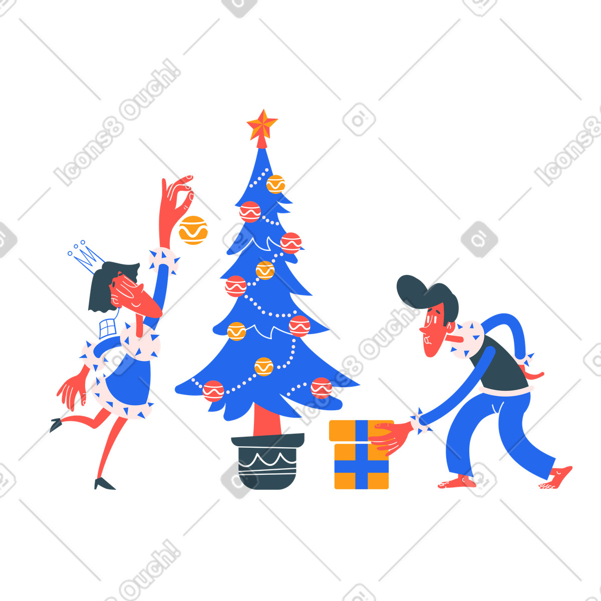 Kingdom スタイルの Couple decorating Christmas tree with ornaments, Seasonal home decoration のイラストをPNG、SVG形式でダウンロード