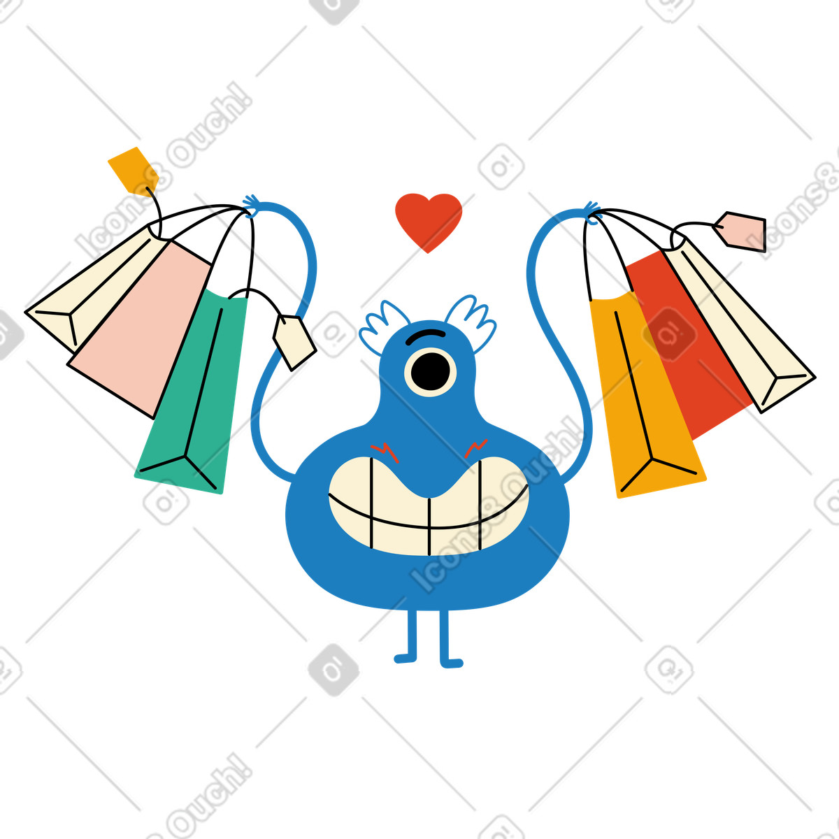Blue monster loving his purchases illustration in Jelly style download in PNG, SVG