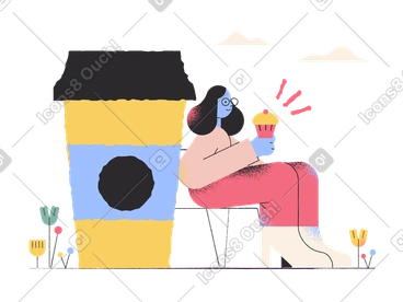 Large coffee cup and woman with cupcake PNG, SVG