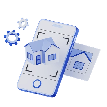 A phone scanning a 3D house model - 3D Techny style illustration