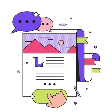 A colorful document with chat bubbles and images - Dazzle style illustration
