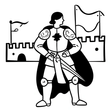 A small figure, dressed in intricately designed "Gondorian guard" armor that features detailed engravings and a prominent emblem, stands in a confident posture. The armor reflects a sense of strength and valor, with protective elements like a chest plate and shoulder guards. A flowing cape hangs from the shoulders, and a sword is sheathed at the side. The background includes the silhouette of a fortress wall with banners waving in the wind. The scene exudes a sense of pride and readiness for adventure.
