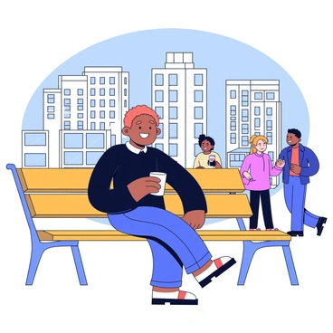 A person sitting on a wooden bench at Rockefeller Center. The individual is holding a warm coffee cup with a white sleeve. The person wears a cozy dark blue sweater and jeans, appearing relaxed and content. The background features tall buildings with large windows, and a few people walking by, including a couple holding hands. The scene captures a sense of urban life, with a clear blue sky above.
