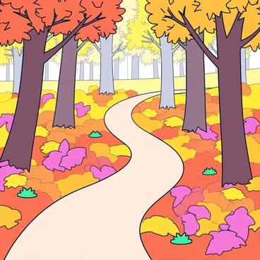 A forest path meanders through tall trees with trunks in shades of brown and grey. The ground is covered with a thick layer of vibrant autumn leaves in hues of orange, red, and yellow. Sunlight filters through the branches, creating dappled light patterns on the path. The scene is tranquil, inviting a sense of quiet reflection. Small patches of green moss peek out from between the leaves, adding contrast to the warm colors.