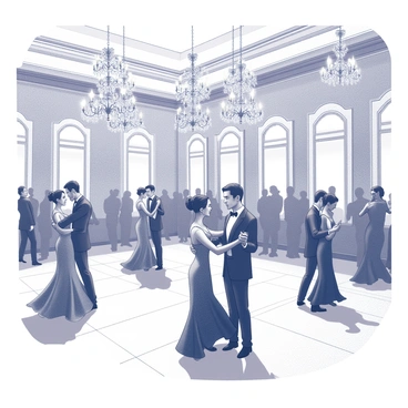 A large ballroom filled with couples dancing gracefully. The couples are dressed in formal attire, with men in tuxedos and women in flowing gowns, twirling in rhythm to the music. The ballroom features high ceilings adorned with numerous sparkling chandeliers that cast intricate shadows across the polished wooden floor. There are ornate wall decorations and large mirrors reflecting the scene, adding depth to the space. The atmosphere is filled with the elegance of movement as the couples waltz together.