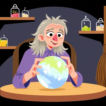 Baba Yaga, an old woman with wild grey hair and a long, pointed nose, is sitting at a round wooden table. Her gnarled hands are delicately holding a shimmering crystal ball that sits in front of her. The crystal ball radiates soft blue and green light, illuminating her wrinkled face as she gazes intensely into it. In the background, there are shelves filled with various jars containing strange ingredients. A broomstick leans against the wall, and the flickering light of a candle casts dancing shadows around the room. The atmosphere feels mystical as visions of the future swirl within the crystal ball, hinting at fantastical scenes.