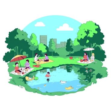 A green city park is transformed into a temporary pond, with the water reflecting the sky above. Families are gathered near the water's edge, some sitting on picnic blankets while others are playing games. Children are laughing and splashing at the water's edge, while adults are preparing food from picnic baskets. Trees surround the area, their leaves gently rustling in the breeze. There are colorful umbrellas providing shade for some of the picnic spots, and a few ducks are swimming in the pond.